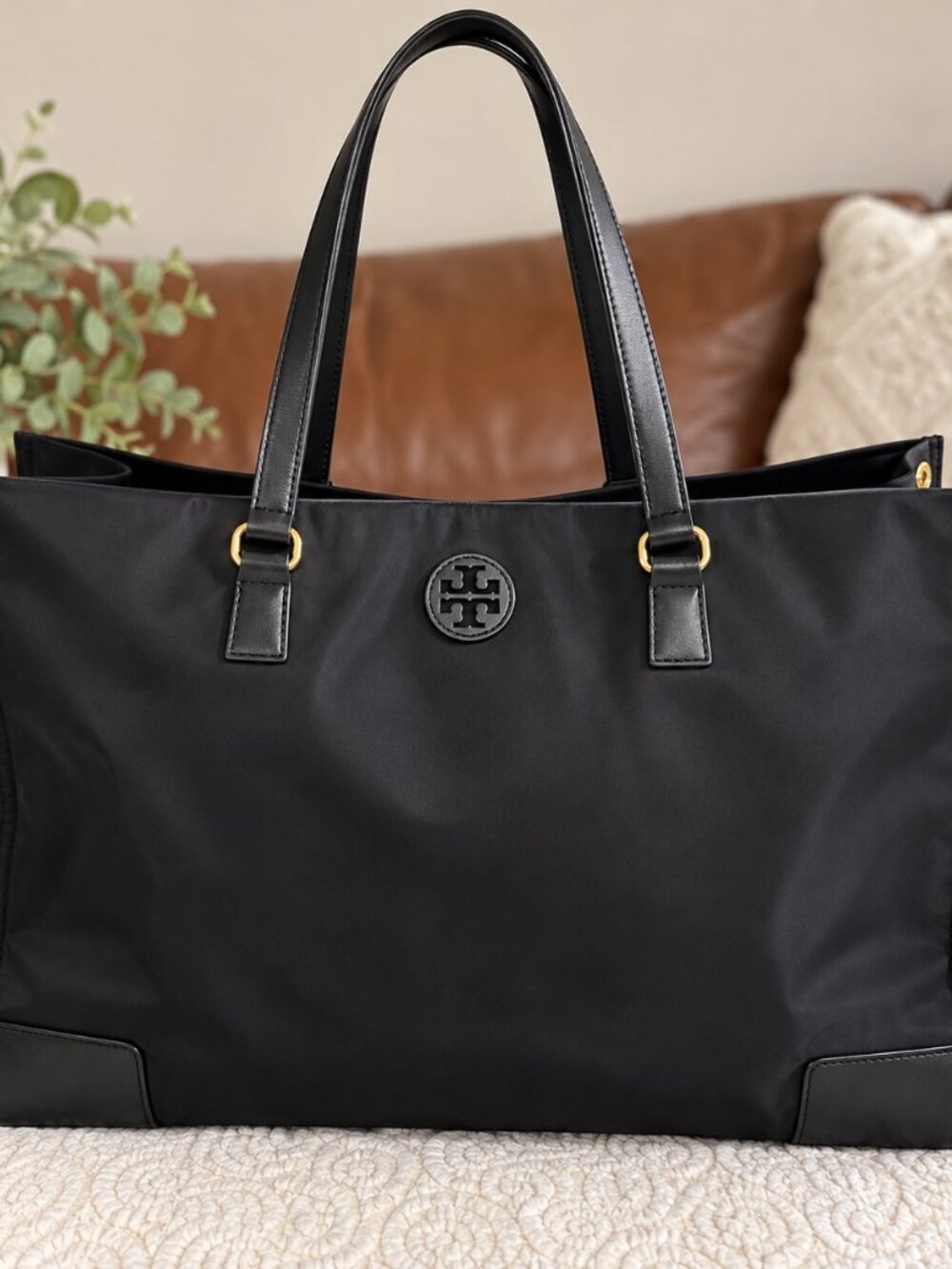 Tory Burch Black Nylon Leather Tote Bag Gold Hardware Excellent Condition